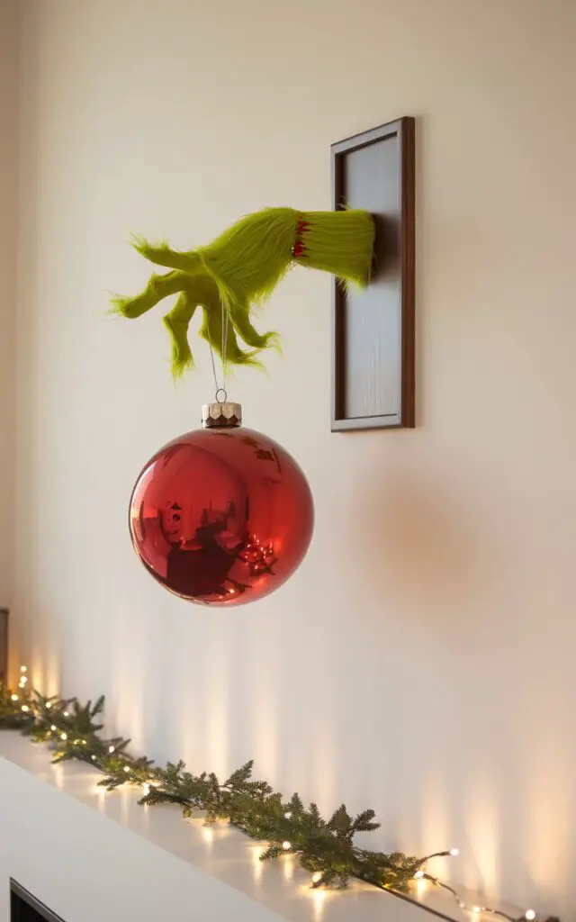 A minimalist and well-decorated Grinch Christmas interior wall with a furry green Grinch hand appearing to extend from a sleek wooden frame. The hand holds a giant glossy red ornament. The wall behind it is clean and modern, painted in a soft neutral tone. The ornament's reflection subtly captures the surrounding décor—sparse greenery, warm lights, and a clutter-free shelf.