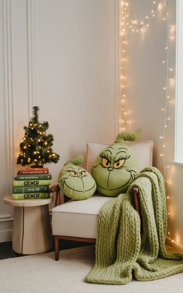 A beautifully curated Christmas reading nook featuring clean minimalist design with playful Grinch-themed accents. A low-profile armchair in cream linen is adorned with plush Grinch character pillows in soft sage green, accompanied by a luxurious knit throw blanket draped casually over one arm. A carefully arranged stack of classic Grinch storybooks sits on a natural wood side table next to a small tabletop Christmas tree with warm white LED lights, while delicate fairy lights frame the corner walls in a soft golden glow. The space maintains clean white walls and uncluttered surfaces, with subtle lime-green touches creating a serene yet whimsical atmosphere perfect for quiet holiday reading.