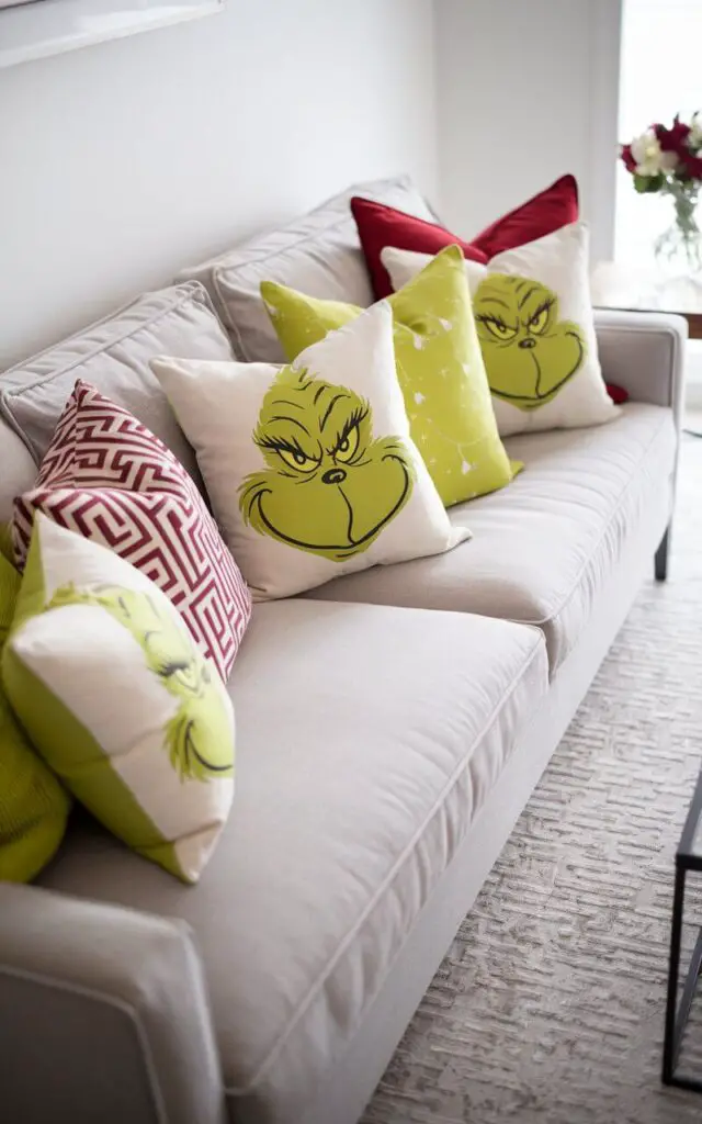 A close view of a very well decorated living room sofa with minimalist-style throw pillows showcasing the Grinch's iconic smirk. The pillows, in various sizes and textures, rest on a sleek neutral sofa, adding personality without overwhelming the space. Subtle hints of lime green, red, and snowy white tie the theme together. The room is minimalist, with a coffee table holding a flower vase visible in the background.