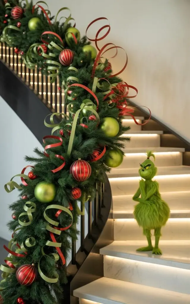 A photograph of an elegantly decorated Christmas staircase inspired by the Grinch, featuring a lush garland of evergreen pine draped along a sleek modern black railing. The garland is adorned with oversized red and lime green ornaments in various textures, complemented by whimsical Whoville-style curly ribbons that spiral and twist in playful patterns. A small, mischievous Grinch figurine perches on one of the white marble steps, adding a touch of humor while maintaining the sophisticated aesthetic. Warm LED strip lighting embedded beneath each step creates a gentle glow that highlights the rich textures of the ribbons and ornaments, while the carefully balanced color palette of lime green, crimson red, and pristine white creates a cohesive and joyful holiday atmosphere.
