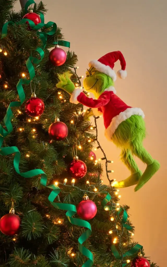 A whimsical holiday photograph featuring a beautifully decorated Christmas tree with a plush Grinch figure playfully clinging to one side, appearing to steal the twinkling string lights mid-heist. The tree is adorned with vibrant crimson baubles and curled emerald green ribbons, while several ornaments hang at dramatic angles to suggest the motion of the Grinch's mischievous tugging. Warm golden light from the partially stolen string of bulbs casts a cozy glow across the scene, creating beautiful contrast against the rich holiday colors. The composition uses generous negative space around the tree and figure, emphasizing the playful drama of this charming Christmas caper against a clean, uncluttered background.
