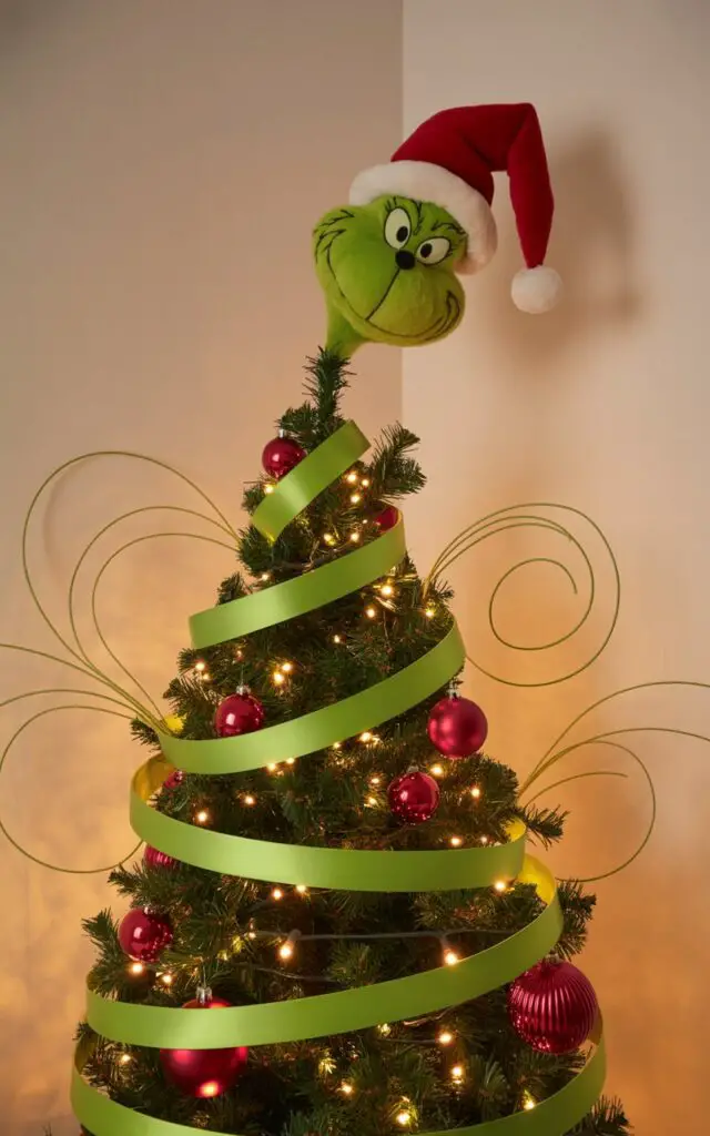 A whimsical Christmas tree stands charmingly tilted in the corner of a cozy living room, its playful angle reminiscent of Dr. Seuss illustrations. The tree is elegantly decorated with curling lime-green ribbons that spiral around the branches, glossy crimson ornaments strategically placed with thoughtful spacing, and whimsical decorative sprays that extend outward in graceful curves. Crowning the tree is a large plush Grinch head wearing a classic red Santa hat, its mischievous grin tilted at an angle that creates an instantly captivating focal point. Soft white lights glow warmly throughout the evergreen branches, illuminating the tree's quirky silhouette while maintaining a surprisingly minimalist aesthetic that allows each carefully chosen detail to shine in the warm, inviting living space.