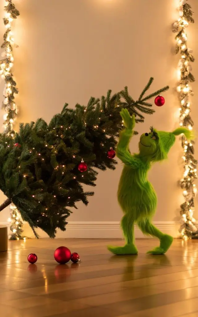 A beautifully composed Christmas scene featuring a mischievous plush Grinch character pulling a slightly tilted evergreen Christmas tree across a cozy living room corner. The Grinch's vibrant emerald green fur creates a striking contrast against the warm honey-colored hardwood flooring and pristine white garland draped elegantly throughout the space. The tilted tree is adorned with soft white fairy lights and carefully placed crimson red ornaments, while a few baubles have fallen and lie artfully scattered on the floor, adding to the playful narrative. The minimalist living room features clean-lined modern furniture and maintains sophisticated holiday décor despite the charming chaos, with the entire scene bathed in warm, ambient lighting that balances theatrical whimsy with refined elegance.