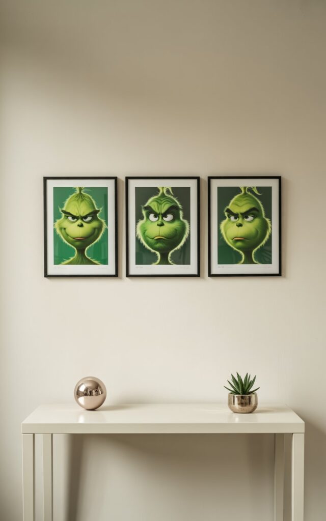 A photograph of a sophisticated gallery wall featuring three framed prints arranged in a perfect grid, each showcasing a different expressive Grinch face in minimalist black frames. The artwork displays various moods of the iconic character with vibrant emerald green tones and clean line work, creating a playful yet refined aesthetic. Below the gallery wall, a sleek white console table holds a single metallic ornament and a small succulent plant, maintaining the minimalist design approach. The smooth cream-colored wall is illuminated by soft, even lighting that emphasizes the artwork's crisp details and creates subtle shadows around the frames, resulting in a modern and unexpectedly chic display.