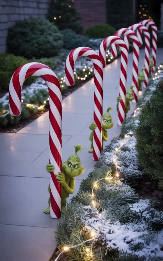 A charming Christmas pathway photograph featuring oversized red and white striped candy canes arranged in perfect symmetry along a smooth stone walkway. Tiny Grinch figurines, no larger than decorative ornaments, peek playfully from behind each candy cane pole with their characteristic mischievous grins and green fur barely visible in the shadows. Delicate strands of twinkling white fairy lights are nestled along the ground borders, casting a soft magical glow that illuminates the pathway in the evening darkness. The surrounding landscape maintains elegant simplicity with neatly trimmed evergreen shrubs, crisp garden edging, and a light dusting of artificial snow that creates a whimsical Whoville-inspired atmosphere without overwhelming the minimalist design.