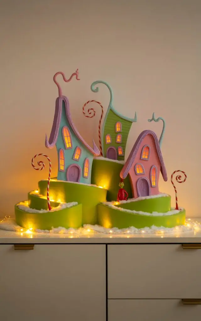 A meticulously crafted miniature Whoville village display positioned elegantly on a sleek white console table, showcasing whimsical pastel-colored houses with curved rooflines and twisted architectural details. Tiny lamp posts with spiral designs dot the rolling green hills, while a small Grinch figurine peeks mischievously from behind a candy-pink building with purple trim. Delicate faux snow is artfully scattered around the base, and warm LED lights hidden beneath the display cast a magical golden glow upward through the translucent elements. The surrounding space remains beautifully minimal and uncluttered, allowing every intricate detail of the enchanting Christmas village to captivate with its Dr. Seuss-inspired charm.