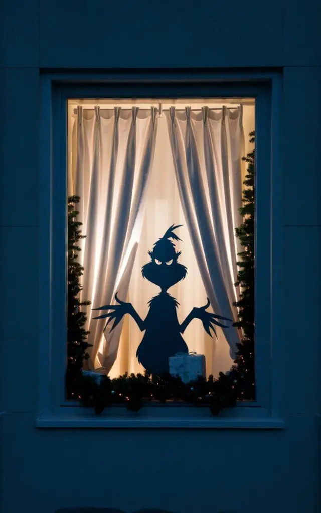 A photo of a Christmas window display with the silhouette of the Grinch peeking mischievously from behind curtains. The window is backlit by soft interior lighting, casting crisp, striking shadows against a minimalist backdrop. The window is framed with simple white trim and a touch of greenery. The surrounding space outside is uncluttered, allowing the dark, playful shapes to stand out dramatically. The entire scene feels both whimsical and artful, creating a cinematic nighttime effect that delights anyone passing by.