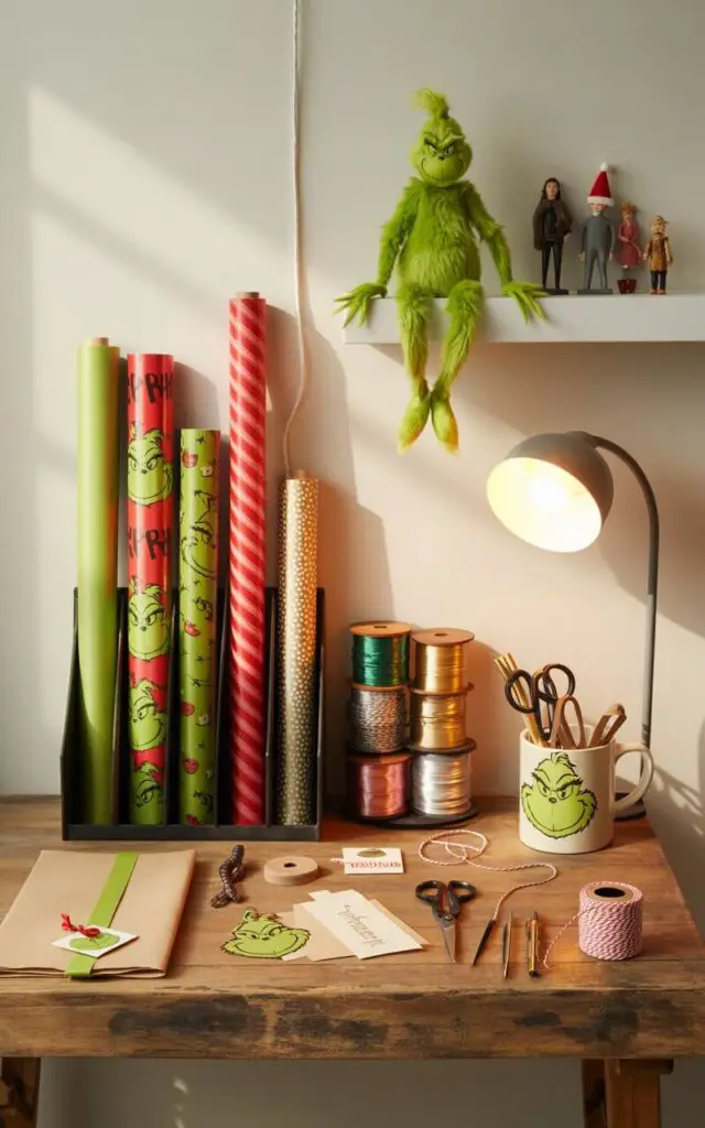 A beautifully styled photograph of an elegant Grinch-themed Christmas gift-wrapping station spread across a broad reclaimed wooden table with clean, minimalist organization. Rolls of wrapping paper in vivid lime green, candy-red stripes, and playful Grinch-face patterns stand perfectly upright in a sleek black metal organizer, while a modern spool rack holds an array of curling ribbons from matte emerald to shimmering gold in precise alignment. A white ceramic mug featuring the Grinch's mischievous smirk serves as a stylish container for scissors, metallic pens, gift tags, and baker's twine, positioned alongside neatly folded paper sheets and handcrafted labels. Above the workspace, a floating white shelf displays miniature Whoville figurines and a small Grinch plush toy leaning forward as if overseeing the wrapping process, all illuminated by soft warm light from a contemporary desk lamp that casts gentle shadows and creates an intimate, whimsically festive atmosphere.