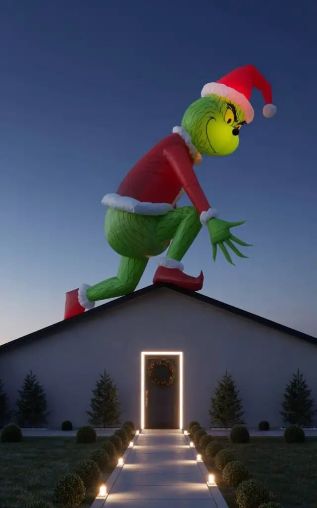 A photograph of an elegant Christmas display featuring a massive inflatable Grinch character positioned mid-climb on a house roof, his oversized green form dramatically silhouetted against the deep twilight sky. The Grinch glows softly from internal LED lighting, his mischievous expression and textured green fur creating a striking focal point while his red Santa suit adds festive contrast. The minimalist yard below features only subtle white pathway lights lining a pristine walkway, perfectly manicured evergreen bushes, and a single tasteful wreath adorning the front door. The clean architectural lines of the home remain unobscured, creating a sophisticated holiday scene where the playful character becomes a statement piece rather than visual clutter.