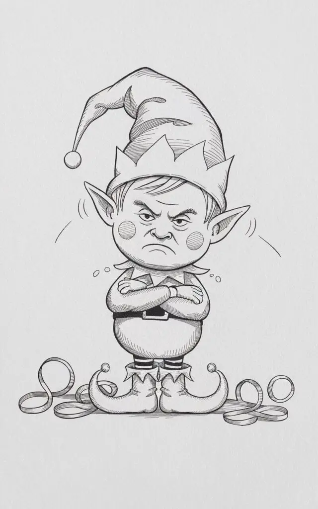A minimalist, plain white background pencil drawing illustration of a small Christmas elf with a frowning face and slumped shoulders. The elf’s pointed hat bends slightly forward, and his round cheeks are shaded to emphasize expression. Wrapping paper and ribbons lie tangled around his tiny boots, sketched with playful lines. His arms cross stubbornly over his chest, and faint motion marks suggest an exaggerated sigh. The simplicity of form enhances the humor, drawn in a simplistic style that blends whimsy, attitude, and charm in perfect harmony.