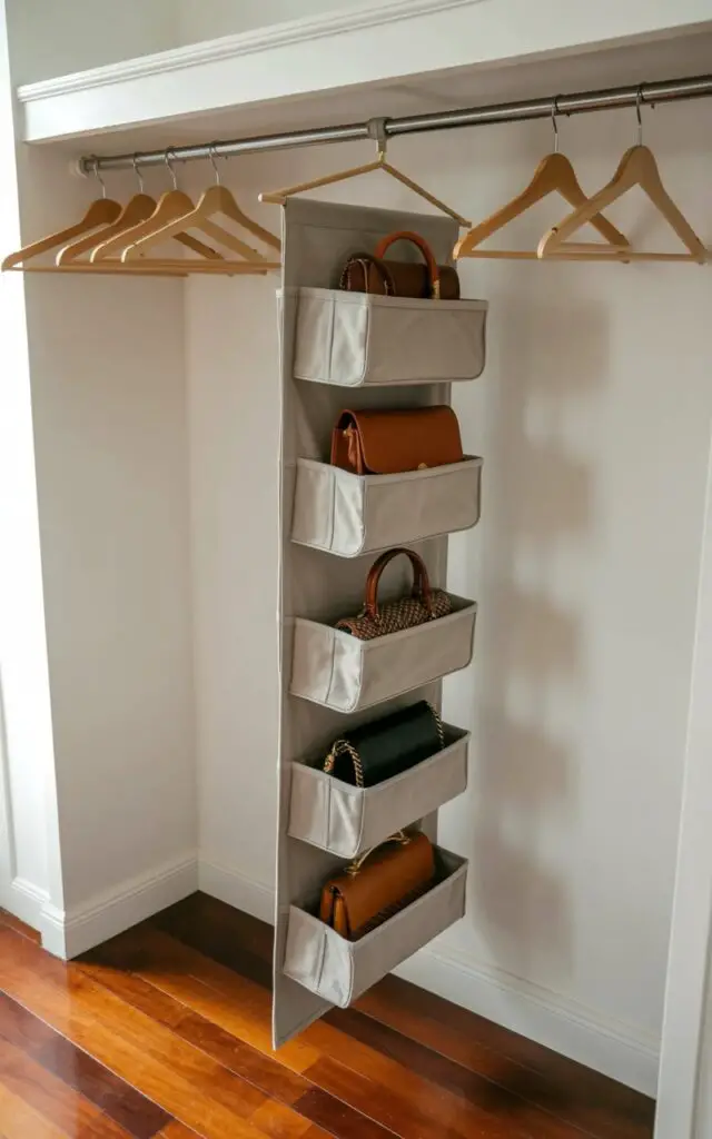 A multi-tier hanging organizer made of light grey canvas with reinforced seams is suspended from a sturdy closet rod. Each of the organizer's fabric compartments holds a single handbag, displaying various colors and materials including leather, suede, and woven fabrics. The closet's interior features a minimalist aesthetic, with monochromatic clothing neatly arranged on simple wooden hangers, and a polished wooden floor reflecting the light. The back wall of the closet is painted a soft white, creating a clean backdrop that highlights the organizer’s structured vertical layout.