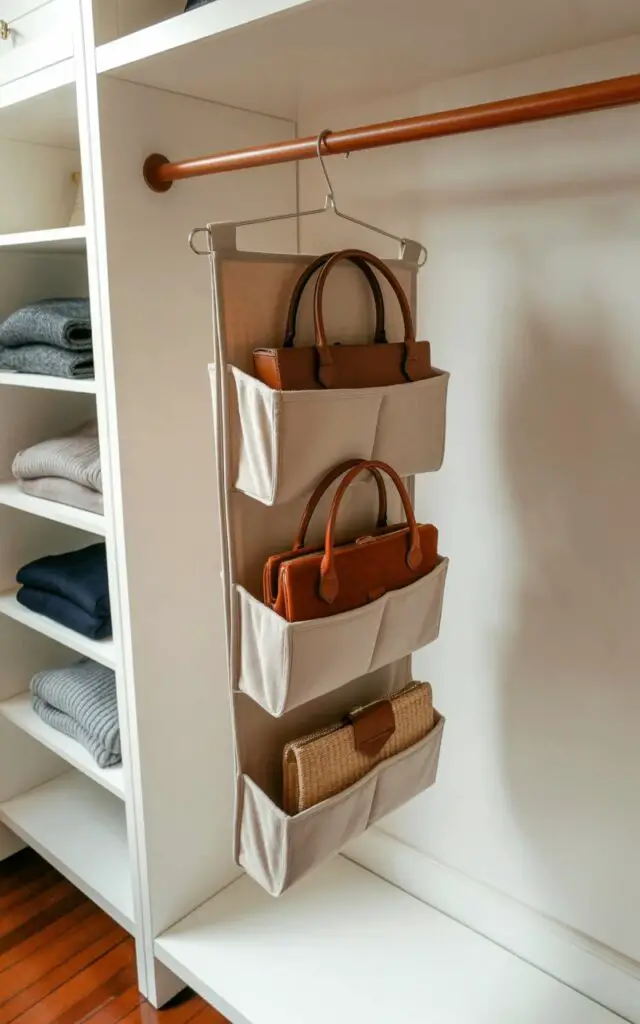 A fabric-lined hanging organizer with multiple compartments hangs from a smooth wooden closet rod, displaying a variety of handbags within its pockets. Each compartment holds a different handbag—one a structured leather tote, another a slouchy velvet shoulder bag, and a third a woven straw clutch—all neatly aligned and visible. The organizer's structure features reinforced seams and a neutral beige color palette, supported by a slender metal hook connecting it to the rod. The surrounding closet space contains neatly folded sweaters in gray and navy blue, and empty white shelves extend to the back wall, creating a minimalist and uncluttered environment.