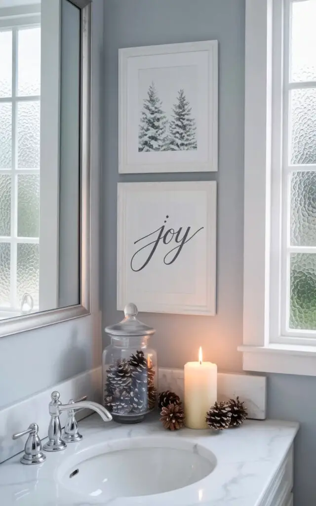 A photograph of a serene, minimalist Christmas bathroom featuring light gray walls and clean white fixtures. Above a sleek chrome towel rack, two framed art prints hang in perfect symmetry—one showcasing snow-dusted pine trees and another displaying "Joy" in elegant calligraphy script. The pristine white marble countertop is thoughtfully styled with only a clear glass apothecary jar filled with natural pinecones and a single ivory pillar candle with a gentle flame. Soft, diffused natural light filters through frosted windows, creating a peaceful ambiance that balances modern sophistication with subtle holiday warmth.