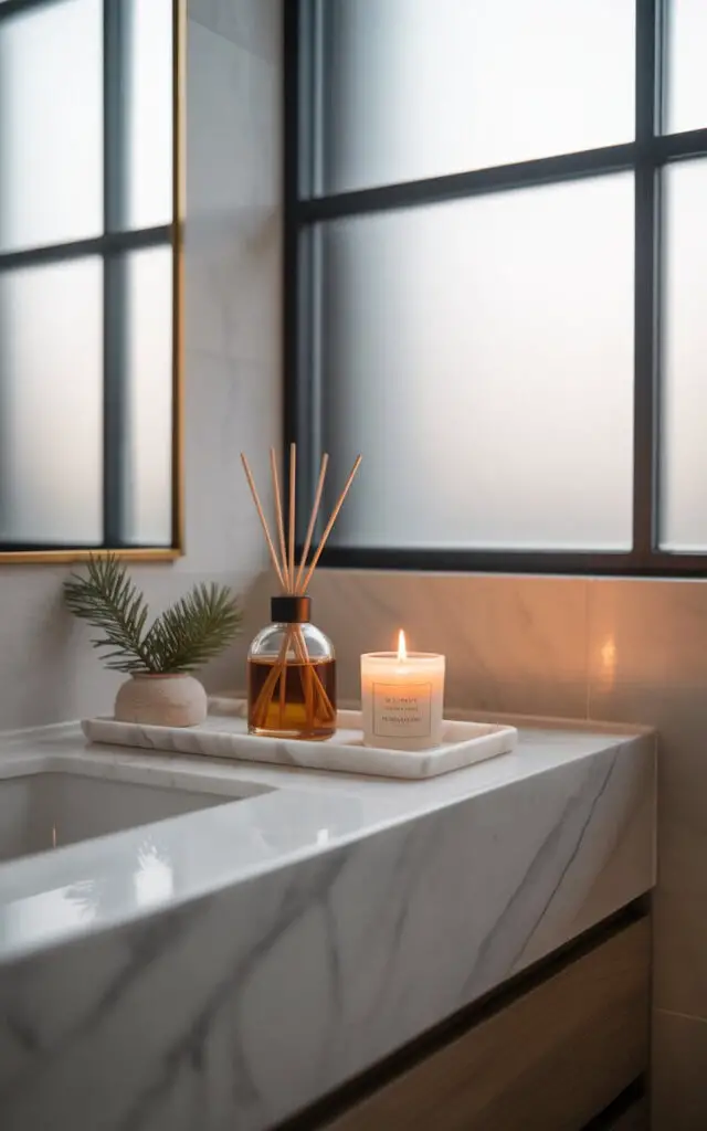 A minimalist photograph of a serene Christmas bathroom featuring clean lines and natural textures. A sleek reed diffuser with amber-colored evergreen oil and a small white peppermint candle are elegantly arranged on a pristine white marble tray atop a floating vanity. Soft, diffused winter light filters through frosted glass windows, casting gentle shadows across the polished surfaces and highlighting subtle seasonal touches like a single pine sprig in a ceramic vessel. The space embodies modern restraint with warm undertones, where the interplay of natural light and carefully curated aromatherapy elements creates an atmosphere of tranquil luxury.