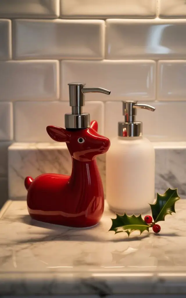 A photograph of an elegantly decorated minimalist Christmas bathroom featuring a charming red ceramic reindeer soap dispenser as the centerpiece on a pristine white marble countertop. The reindeer dispenser has a sleek stainless steel pump mechanism at the top, positioned alongside a matching frosted glass lotion bottle that catches the soft, warm ambient lighting. Behind the display, classic white subway tiles create a clean backdrop that glistens subtly in the gentle illumination. A delicate sprig of fresh holly with bright red berries rests naturally on the marble surface, adding an organic festive accent to this sophisticated and restrained holiday bathroom design.