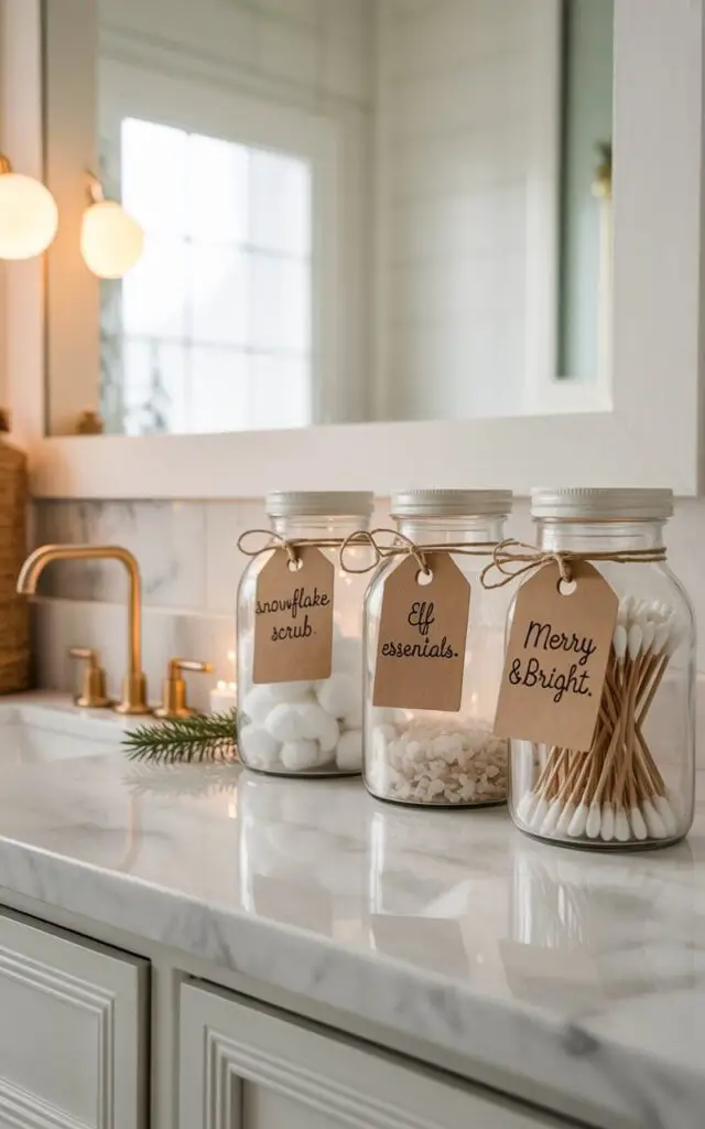 A photograph of a serene, minimalist Christmas bathroom featuring pristine white marble countertops and soft, warm lighting. Three clear glass apothecary jars are perfectly arranged, filled with fluffy white cotton balls, coarse sea salt crystals, and white cotton swabs, each adorned with handcrafted kraft paper tags tied with natural twine that read "Snowflake Scrub," "Elf Essentials," and "Merry & Bright." The clean lines of modern white cabinetry and brushed gold fixtures create an understated elegance, while subtle holiday touches like a small sprig of eucalyptus and the organic textures of the twine and kraft paper maintain the room's calming, spa-like atmosphere. Golden hour light filters softly through a frosted window, casting gentle shadows and highlighting the thoughtful attention to detail in this effortlessly charming holiday scene.