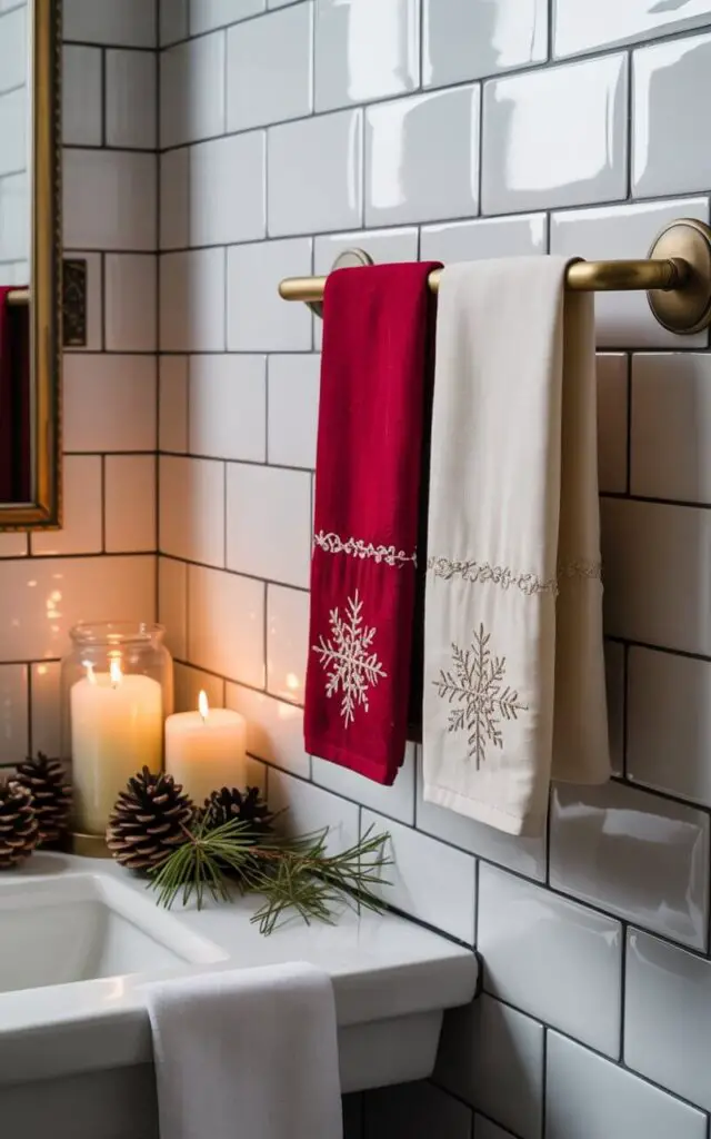 A photograph of an elegantly decorated Christmas bathroom featuring pristine snow-white subway tiles that create a clean, minimalist backdrop. Luxurious hand towels embroidered with delicate silver snowflake patterns hang from a brushed brass towel rail, alternating between deep cranberry red and creamy ivory white in a sophisticated festive rhythm. A small arrangement of natural pinecones and eucalyptus sprigs sits beside a white porcelain sink, while flickering pillar candles in glass hurricanes cast a warm, golden glow across the polished surfaces. The space exudes serene holiday elegance with soft, diffused lighting that highlights the refined textures and creates an atmosphere of understated Christmas charm.