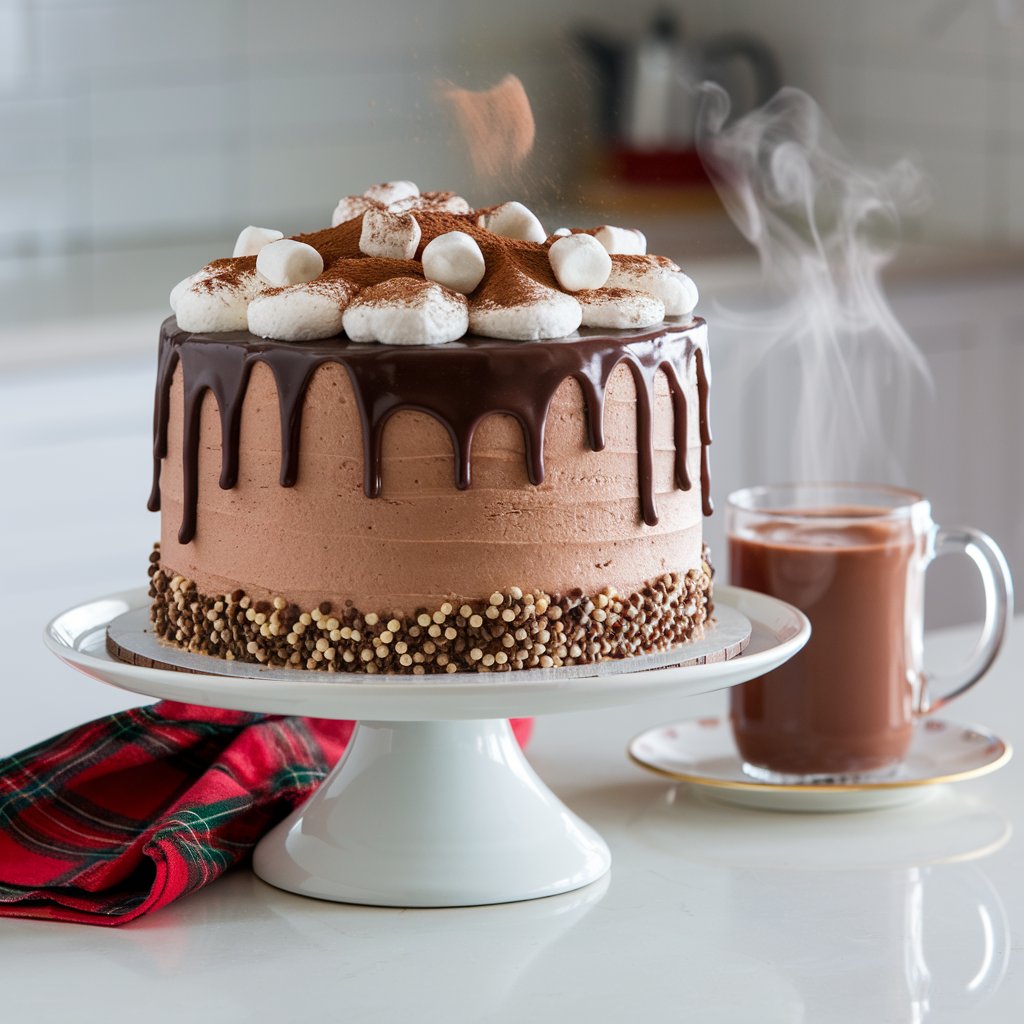 A photo of a triple-layer hot chocolate cake on a glossy white cake stand on a bright plain white kitchen countertop. The cake is generously coated with smooth chocolate ganache, cascading slowly down the sides. On top, fluffy marshmallow frosting is piled high, with mini marshmallows and a dusting of cocoa powder. A steaming mug of cocoa sits nearby, and a red plaid napkin adds a cozy holiday touch. The cake is covered with an elegant light brown frosting.