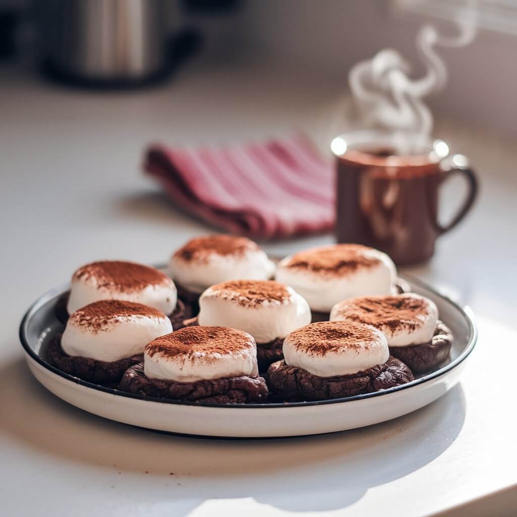 A photo of a round white plate with rich chocolate cookies topped with melted marshmallows and a light dusting of cocoa powder. The plate is placed on a bright plain white kitchen countertop. The cookies have glossy tops that catch the soft natural light, creating tiny highlights across the marshmallow surface. In the background, there is a red-striped napkin and a steaming mug of cocoa. The light gives each cookie depth, emphasizing the gooey, fudgy texture beneath the melted topping. The overall ambiance of the photo is warm and wintery.