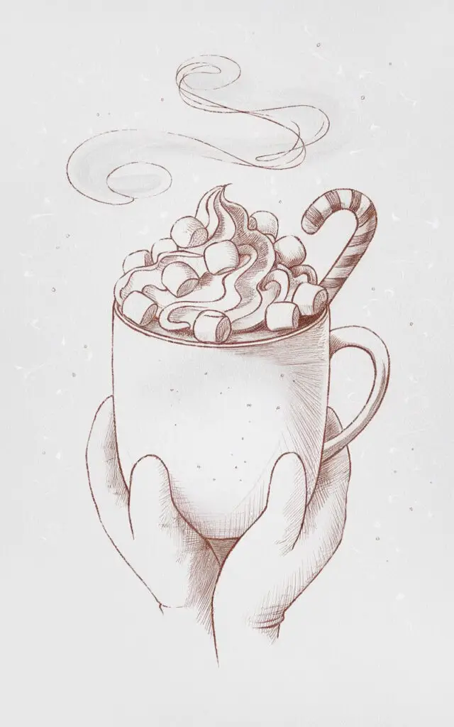 A minimalist, plain white background pencil drawing illustration of a cozy Christmas mug of hot cocoa topped with whipped cream and marshmallows. The mug's smooth curve is outlined neatly, steam rising in wispy, swirling lines above it. Delicate cross-hatching gives texture to the frothy topping, while faint pencil shadows suggest warmth and depth. A candy cane rests gently on the mug's rim, and soft mittened hands cradle it from below. Drawn in a simplistic style, the piece radiates comfort and gentle winter coziness through clean, soft strokes.