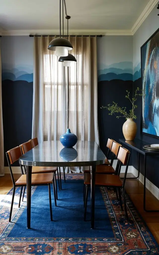 A dining room features walls painted in layered shades of blue, transitioning from dark navy near the floor to a paler powder blue near the ceiling. A rectangular dining table with a polished surface sits centered in the room, surrounded by six dining chairs with straight backs and thin metal legs. A patterned blue rug lies underneath the table, and a large abstract artwork depicting various shades of blue hangs on the far wall. Soft light filters through sheer linen curtains, illuminating a ceramic vase with a few sprigs of greenery on a nearby console table.