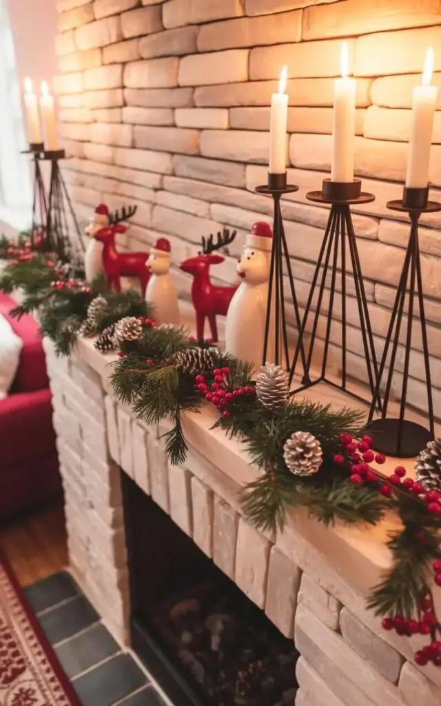 A stone mantelpiece spans the width of a living room wall, adorned with a collection of decorative objects. Three tall, black metal candleholders with tapered white candles are spaced evenly along the mantel, alongside several smaller ceramic figurines depicting reindeer and snowmen. A lush garland of pine branches and red berries drapes across the front edge of the mantel, accented with silver-colored pinecones. The fireplace hearth below is paved with grey slate tiles, and a patterned area rug is partially visible on the floor in front of the mantel.