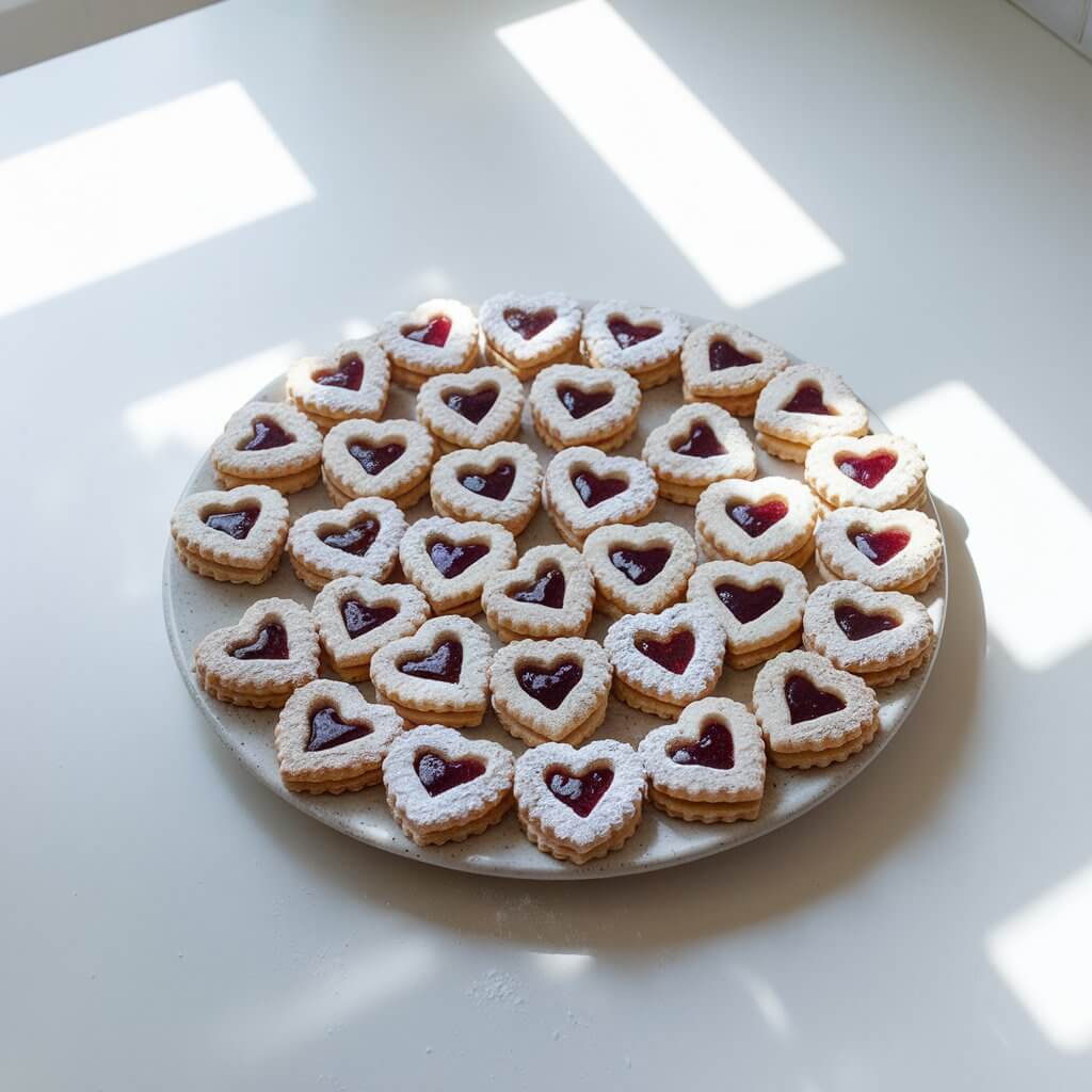 A photo of a flat ceramic plate on a bright plain white kitchen countertop. On the plate, there is a neat circular pattern of Linzer cookies. Each cookie has a delicate heart-shaped cutout revealing a glossy red raspberry jam center dusted lightly with powdered sugar. Natural light pours in from the left, highlighting the almond-speckled dough and creating a soft glow on the jam's sheen. Powdered sugar flecks shimmer slightly in the light, suggesting recent finishing touches.