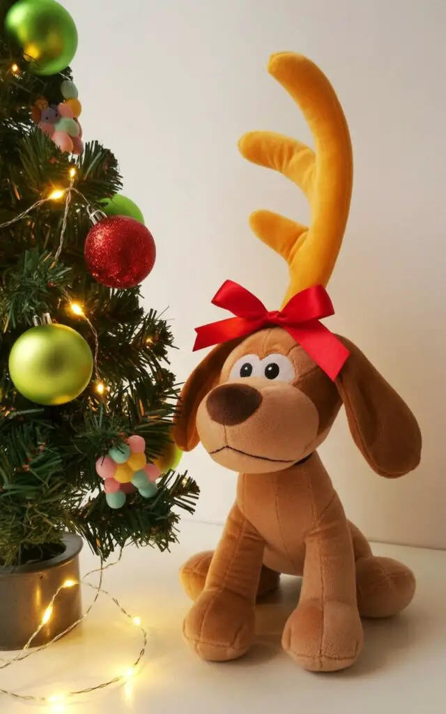 A brown plush Max figure with floppy ears sits next to a decorated Christmas tree. A single, curved yellow antler is attached to the dog's head with a bright red ribbon tied into a bow. The Christmas tree is adorned with lime-green ornaments, shimmering red baubles, and soft, curled sprays, with small, indistinct character accents visible amongst the branches. The scene takes place on a plain white surface, softly illuminated by warm fairy lights that cast a gentle glow around the tree and the dog.