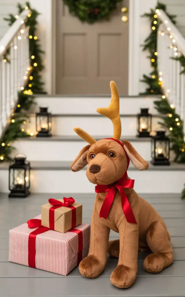 A beautifully decorated Christmas porch scene featuring a plush brown Max the dog positioned adorably beside wrapped presents and soft golden string lights. Max wears a single, curved yellow deer horn perfectly centered on his head, secured with a bright red ribbon tied into a festive bow, his warm brown eyes and textured fur radiating holiday charm. The minimalist porch design features clean white railings, subtle evergreen garlands, and neutral-toned wooden steps that create a serene backdrop. Evenly spaced vintage lanterns cast a warm glow while a simple wreath hangs above the door, completing this polished, storybook-inspired Christmas vignette.