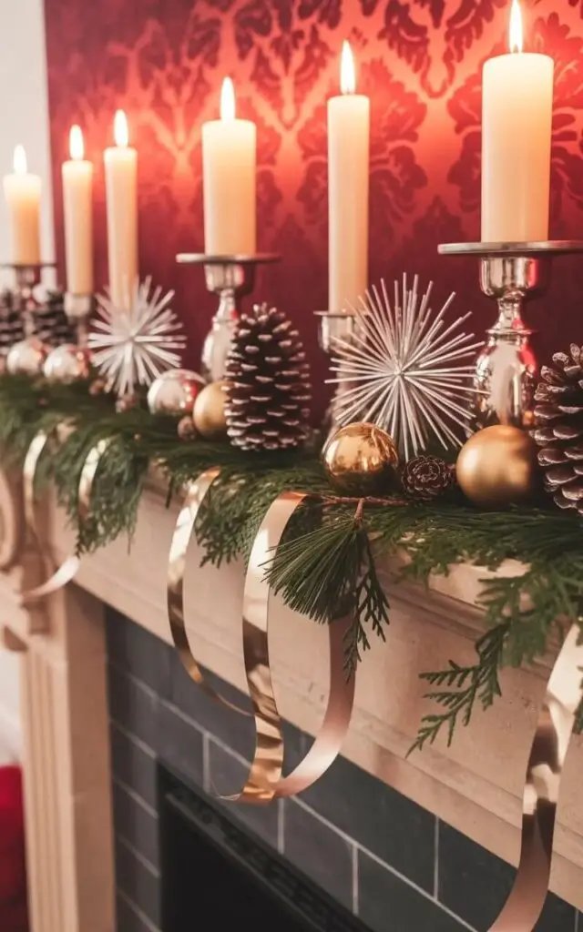 A stone mantelpiece stretches across the bottom of a fireplace, showcasing a symmetrical arrangement of metallic decor. Gold, silver, and bronze ornaments, including pine cones and starburst shapes, are interspersed with silver candleholders holding ivory candles, and metallic ribbons are draped along the mantel’s edge. A garland of fresh evergreen branches, featuring pine needles and small pinecones, balances the metallic elements with a natural touch. The hearth is lined with dark grey slate tiles and the background reveals a glimpse of a richly patterned wallpaper with a damask design.