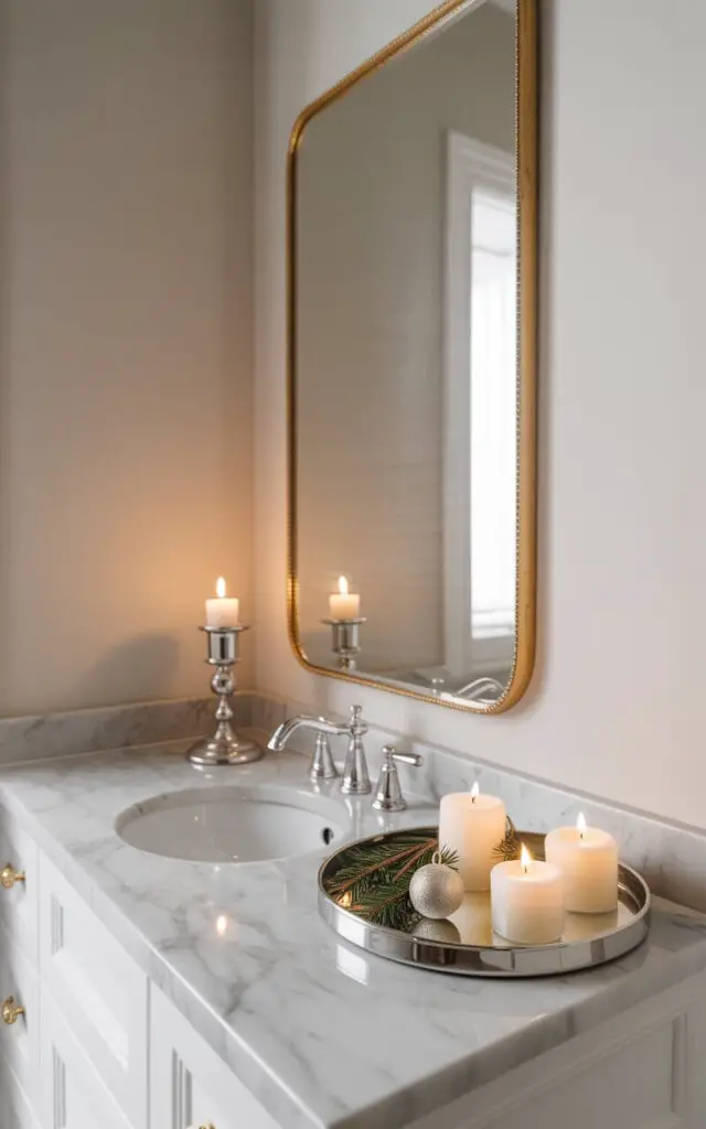 A serene, minimalist Christmas bathroom featuring clean white marble countertops and neutral walls that create an atmosphere of understated elegance. The vanity mirror is framed with delicate gold edging that catches the soft overhead lighting, while a sleek silver candleholder sits gracefully beside the sink. A polished chrome tray holds several pine-scented candles and a single small ornament, their surfaces reflecting gentle shimmer throughout the space. The overall design maintains perfect balance between subtle metallic accents and pure simplicity, creating a refined holiday ambiance that feels both luxurious and tranquil.
