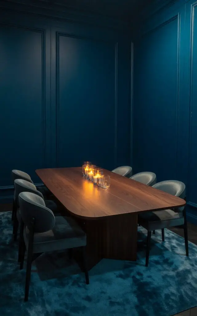 A photograph of an elegant dining room painted in deep midnight-blue walls that create an intimate, cocoon-like atmosphere. The centerpiece is a sleek walnut dining table with a perfectly smooth surface, surrounded by plush dark-gray dining chairs featuring soft rounded backs that invite long conversations. Warm candlelight flickers across the table's rich wood grain, while a luxurious velvety rug anchors the space beneath. Subtle metallic accents catch and reflect the gentle light throughout the room, creating a romantic and serene ambiance perfect for quiet evening dining.