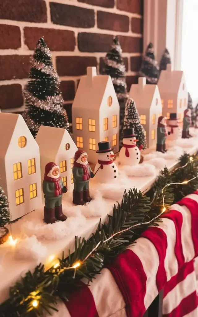 A meticulously decorated mantelpiece forms the base for a miniature snow-covered village scene. Small, white houses with glowing yellow windows are arranged along the mantel, interspersed with miniature evergreen trees adorned with silver tinsel. Several figurines depicting carolers bundled in scarves and hats, and snowmen with carrot noses and top hats, are positioned throughout the scene. Faux snow blankets the surface, and tiny, warm-white twinkle lights are woven throughout the village, creating a soft glow against the backdrop of a dark brick fireplace.