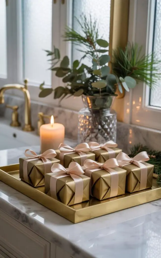 A serene, elegantly decorated bathroom interior showcasing minimalist Christmas styling with sophisticated holiday accents. On a polished marble vanity tray, several tiny gift boxes are arranged in perfect symmetry, each wrapped in luxurious matte gold paper and adorned with delicate champagne satin ribbons tied in precise bows. Behind the presents, a single pillar candle with a gentle flickering flame sits alongside a crystal-clear glass vase filled with fresh pine sprigs and eucalyptus branches. The space features a neutral color palette of soft whites, warm creams, and metallic gold accents, with natural light filtering through frosted windows to create a peaceful, spa-like atmosphere that exemplifies refined holiday decorating.