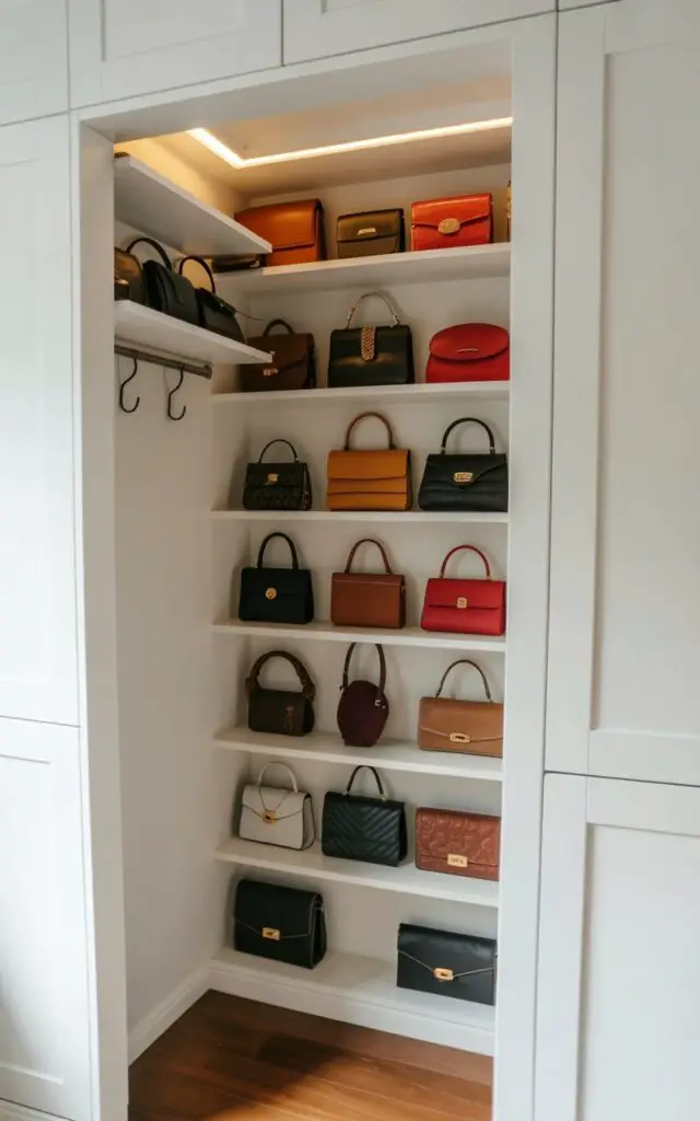 A small, customized closet nook is fully dedicated to handbag storage. Floor-to-ceiling shelves display precisely arranged purses in a variety of shapes and sizes, while empty hooks are positioned along one side of the space. Soft, warm LED lights illuminate each shelf, highlighting the textures of leather, suede, and fabric on the handbags. The clean cabinetry features smooth, white doors, and a minimalist layout ensures the focus remains on the displayed collection.