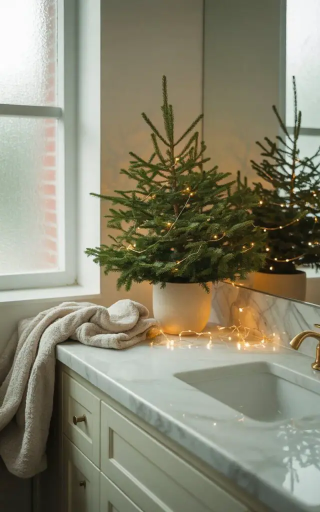 A serene photograph of a minimalist Christmas bathroom with a small evergreen tree adorning a pristine white vanity counter. The delicate tree sits in a simple cream ceramic pot, adorned with tiny gold ball ornaments and twinkling warm white micro-lights that cast a gentle glow across the marble countertop. Plush ivory towels are neatly folded beside the tree, while a soft beige textured rug lies beneath, and natural daylight filters through a frosted glass window, creating subtle shadows. The space exudes tranquil holiday elegance with clean lines, muted tones, and the perfect balance of festive charm and spa-like serenity.