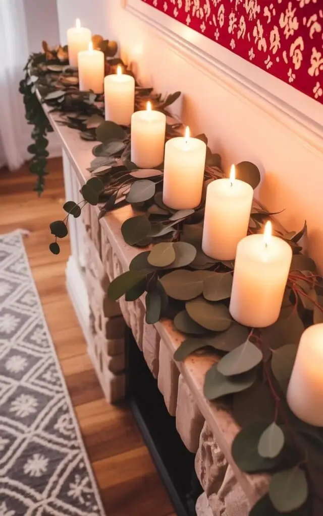 A stone mantel stretches across a wall, adorned with a eucalyptus garland that drapes gracefully along its surface. A row of five white pillar candles, each approximately four inches tall, are evenly spaced along the garland, their wicks centered. The mantel rests against a wall painted in a soft white hue, accented by light wood flooring that extends into the room. A patterned rug with a geometric design in shades of gray and cream lies on the floor in front of the mantel.