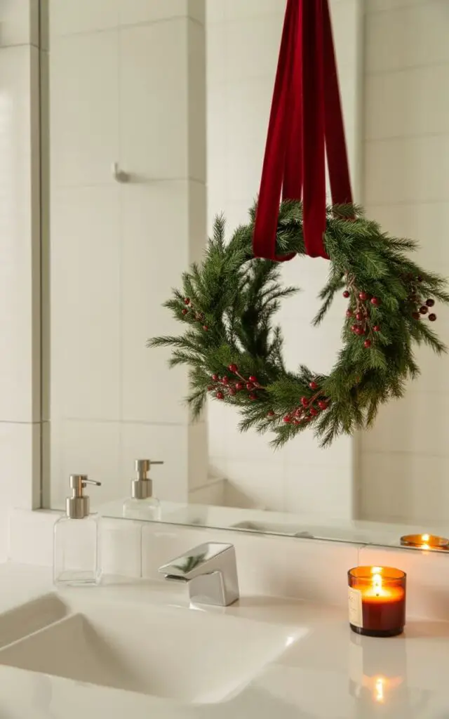 A photograph of a serene, minimalist Christmas bathroom featuring clean lines and soft ivory walls that create a calming backdrop. A delicate evergreen wreath adorned with crimson faux berries hangs elegantly from the vanity mirror, secured with a luxurious deep red velvet ribbon that adds a sophisticated pop of color. The pristine vanity counter showcases only essential items: a sleek glass soap dispenser and a flickering pine-scented candle that casts a gentle amber glow. Warm light bulbs create subtle reflections across the polished surfaces, while the carefully curated festive touches maintain perfect balance between holiday cheer and refined simplicity.