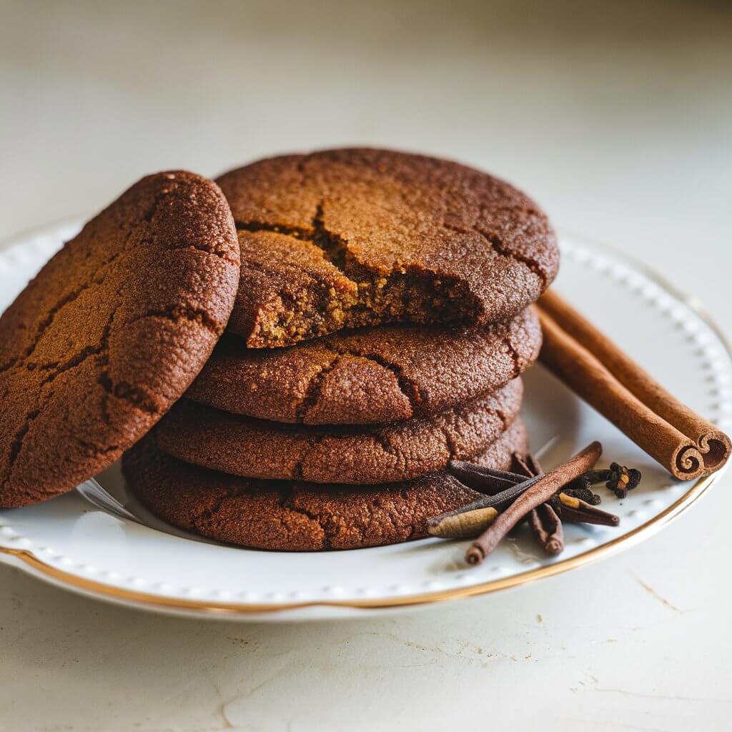 A photo of a white plate on a white kitchen countertop. The plate holds a stack of molasses spice cookies with deep brown color and slightly cracked tops. The cookies have soft centers and a glossy finish. There's a cinnamon stick and a sprinkle of cloves near the cookies. The light enhances the rich tone of the cookies, making them appear freshly baked and aromatic.