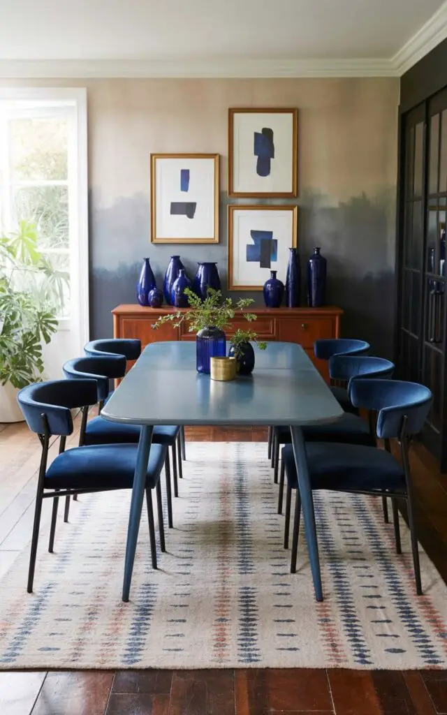 A rectangular dining table with a matte steel-blue finish sits at the center of the room, supported by four slender, dark-blue metal legs. Six matching dining chairs with deep-blue velvet upholstery surround the table, each featuring a gently curved back and thin, dark-blue armrests. A plush, rectangular floor rug with a subtle geometric pattern in varying shades of blue extends beneath the table and chairs. Walls painted in a gradient of blue tones create a layered effect, accented by three framed artworks depicting abstract shapes in complementary blue hues and a collection of blue ceramic vases arranged on a nearby sideboard.