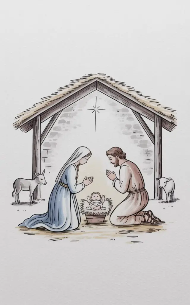 Mary, dressed in a long flowing blue robe with a gold sash, kneels on straw, cradling the infant Jesus in her arms, her face conveying gentle tenderness. Joseph, wearing a simple brown tunic and sandals, kneels beside her, his hands clasped in prayer and his expression serene. The baby Jesus lies swaddled in white cloth within a small, roughly hewn wooden manger, set against the backdrop of a stable constructed from weathered wooden beams and roughly plastered walls. A single, bright yellow star shines through a gap in the stable’s roof, while a donkey, a lamb, and a cow stand nearby, their forms softly suggested with minimal detail.