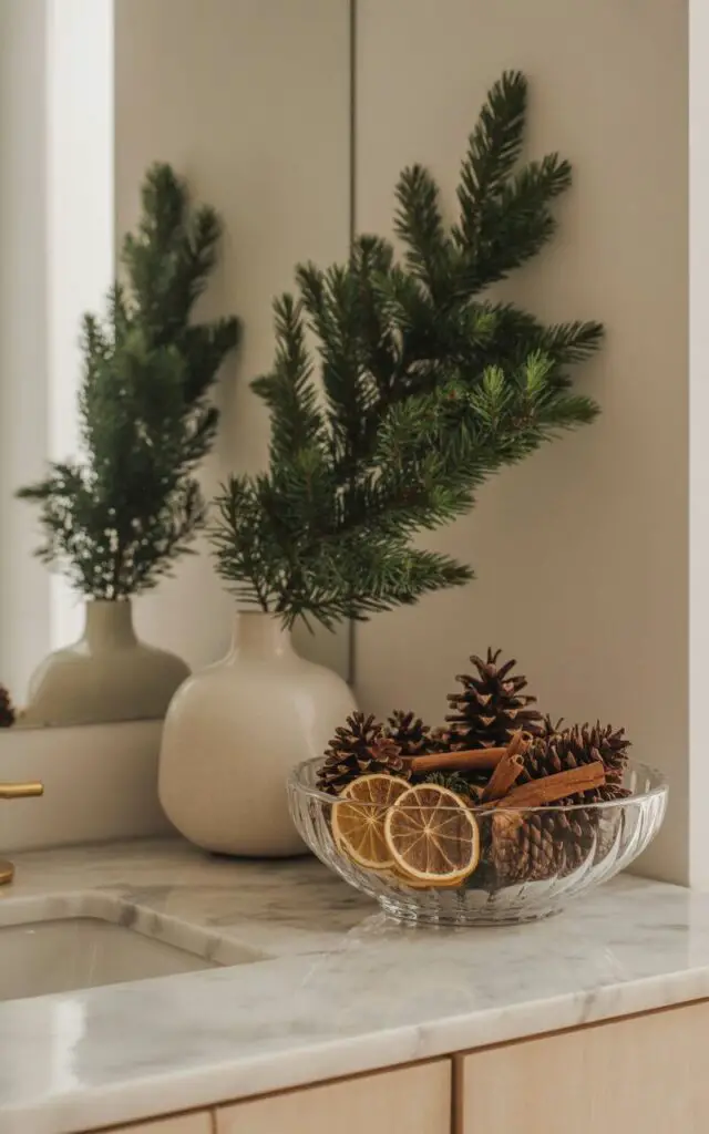 A serene photograph of a minimalist Christmas bathroom showcasing natural holiday decor with sophisticated restraint. The marble vanity displays a clear glass bowl filled with aromatic pinecones, dried orange slices, and cinnamon sticks, while a single evergreen branch stands gracefully in a smooth ceramic vase nearby. The space features clean lines and muted tones of cream and soft beige, creating a spa-like atmosphere that harmonizes with the organic textures and fresh greenery. Soft, diffused lighting enhances the peaceful ambiance, casting gentle shadows that emphasize the intentional placement of each natural element.