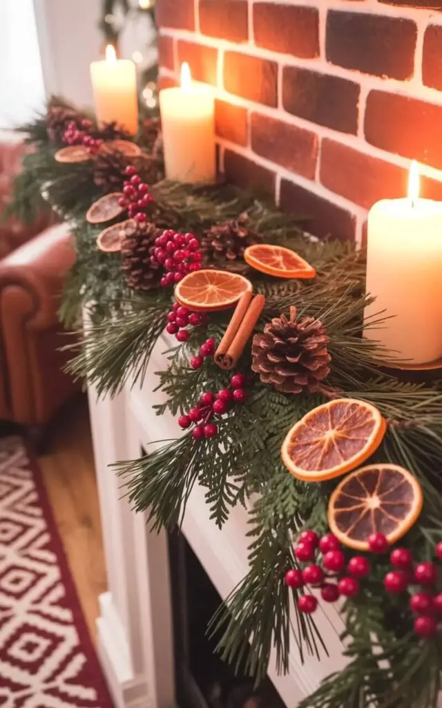 A richly decorated mantel stretches across a brick fireplace, adorned with a garland of intertwined pine branches, dried orange slices, and cinnamon sticks. Bright red berries are woven throughout the garland, creating a contrast against the earthy tones of the pine and the warm hues of the orange slices. Two beeswax candles in simple glass holders are placed on either side of the garland, casting a soft glow on the surrounding surfaces. A patterned rug with a geometric design lies on the hearth below the mantel, while a glimpse of a cozy living room with a leather armchair can be seen in the background.