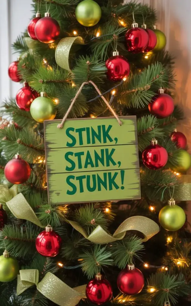A photograph of a beautifully decorated Christmas tree with a playful personality, featuring a cheeky wooden sign in Grinch green tucked between its branches that reads "Stink, Stank, Stunk!" The tree is adorned with carefully spaced glossy red and lime-green ornaments, elegant curled ribbons, and subtle glittered accents that catch the light. The minimalist styling keeps the decorations intentionally balanced, creating clean lines while maintaining festive charm. Warm golden lights glow softly throughout the branches, illuminating the scene with a cozy ambiance that invites viewers to smile at this clever Grinch-themed holiday display.