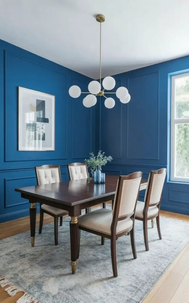 A rectangular dark wood dining table sits centered within the composition, supported by four sturdy legs with brass detailing. Cream-colored cushioned dining chairs are arranged around the table, each featuring a tufted back and subtle nailhead trim. A modern chandelier with multiple arms extends from the ceiling, featuring frosted glass globes and a polished gold finish, illuminating the navy blue wainscoting along the lower portion of the walls. A single framed artwork with abstract geometric shapes in shades of gray and white hangs on one wall, subtly contrasting with the deep blue walls and brass accents.