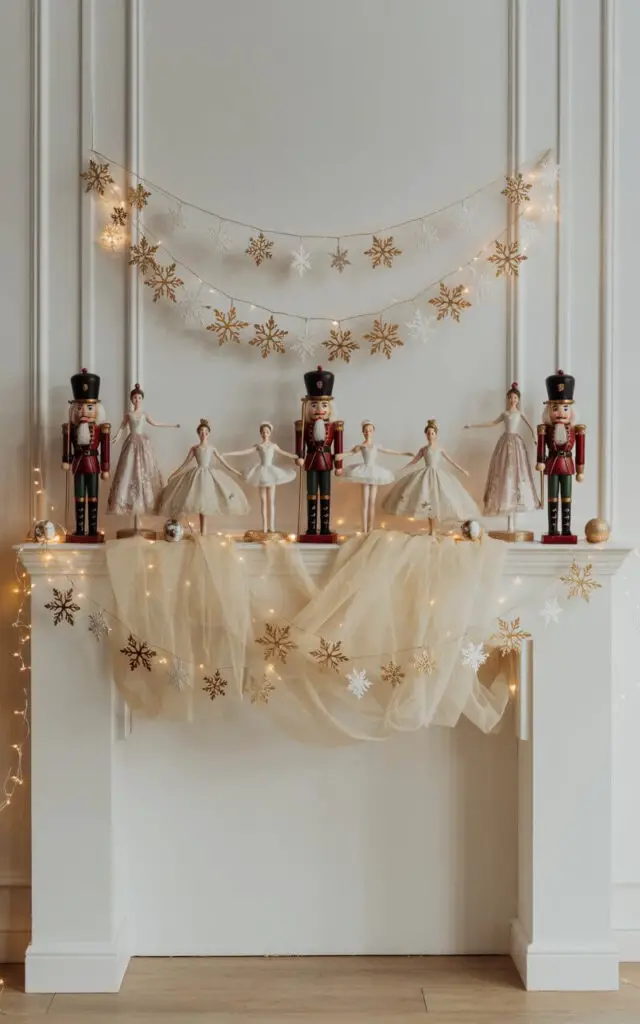 A photograph of an elegantly decorated fireplace mantel showcasing an enchanting Christmas display that blends Nutcracker figures with delicate ballet-inspired elements. Ornate wooden nutcracker soldiers in rich burgundy and gold uniforms stand proudly alongside graceful porcelain ballerina ornaments in flowing tutus, while soft ivory tulle drapes cascade gently between them. Delicate paper snowflake garlands hang in graceful arcs above the arrangement, interspersed with tiny twinkling fairy lights that cast a warm, magical glow. The minimalist backdrop features crisp white walls and light hardwood flooring, creating an airy, stage-like atmosphere that perfectly balances whimsy and sophistication in this festive holiday tableau.