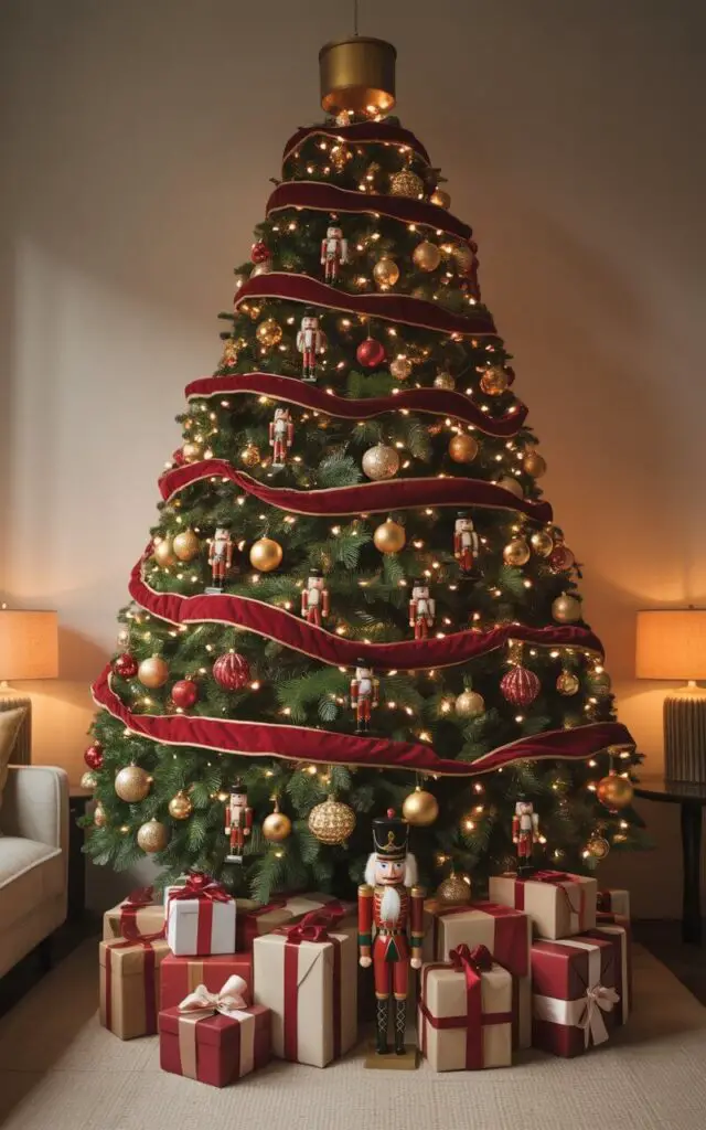A photograph of a magnificent Christmas tree dominating an elegantly decorated living room, its emerald branches heavy with ornate Nutcracker figurines, gleaming gold baubles, and luxurious red velvet ribbons that spiral gracefully downward. The tree is crowned with a majestic golden drum topper, while hundreds of warm white fairy lights create a magical shimmer that dances across each carefully placed ornament. At the tree's base, a collection of medium-sized wooden nutcracker soldiers stand sentinel beside beautifully wrapped presents in sophisticated red and cream wrapping paper with satin bows. The surrounding living room exudes cozy minimalist elegance, featuring plush cream textiles, subtle ambient lighting from table lamps, and muted holiday accents that perfectly balance traditional Christmas warmth with contemporary sophistication.