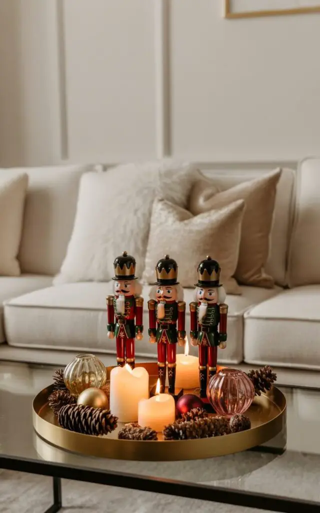 A photograph of an elegant living room coffee table transformed into a festive Nutcracker display, featuring three ornate miniature soldier figures standing proudly on a polished wooden tray. The nutcrackers are surrounded by natural pinecones, flickering pillar candles, and delicate glass ornaments in gold and burgundy hues, creating a carefully curated holiday vignette. The surrounding minimalist living space features a plush cream sofa with soft cashmere throws, subtle champagne gold accent pillows, and warm neutral tones throughout the room. Gentle candlelight dances across the glossy painted faces of the nutcracker soldiers, casting a magical golden glow that transforms the entire space into a cozy, storybook atmosphere.