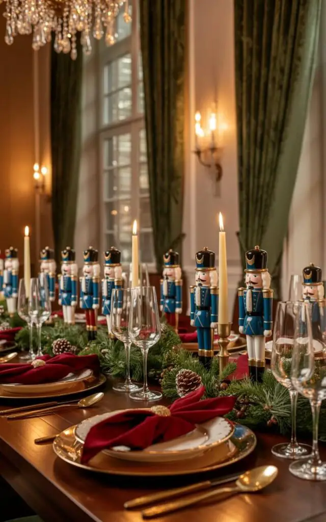 A luxurious dining room showcases an elegant holiday table setting inspired by the classic Nutcracker ballet. At the table's center, a procession of hand-painted wooden nutcracker figurines in royal blue and gold uniforms stand at attention among flickering ivory candles, fresh pine sprigs with tiny pinecones, and sparkling crystal wine glasses. Deep burgundy velvet napkins are artfully folded beside gleaming gold-rimmed china plates and polished brass cutlery, creating a regal color palette of crimson, gold, and cream. The surrounding room features soft amber lighting from a crystal chandelier, rich emerald velvet drapes framing tall windows, and understated wall sconces that cast a warm glow, allowing the magnificent table arrangement to command attention with its theatrical Christmas elegance.