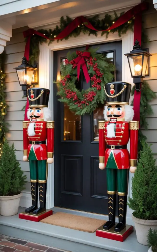 A photograph of an elegant home entryway featuring two majestic life-sized Nutcracker soldiers flanking a beautifully decorated doorway during the holiday season. The Nutcrackers stand at attention in their pristine red and gold military uniforms with polished brass buttons and tall black hats, their painted faces displaying regal expressions beneath the warm glow of vintage-style lanterns. Lush evergreen garland adorned with crimson ribbons frames the doorway, while a full wreath of fresh pine boughs, bright red berries, and golden ribbon hangs prominently above the entrance. The porch is tastefully decorated with neutral beige doormats, simple potted evergreen topiaries, and additional soft lantern light that creates a perfect balance of festive grandeur and welcoming warmth.